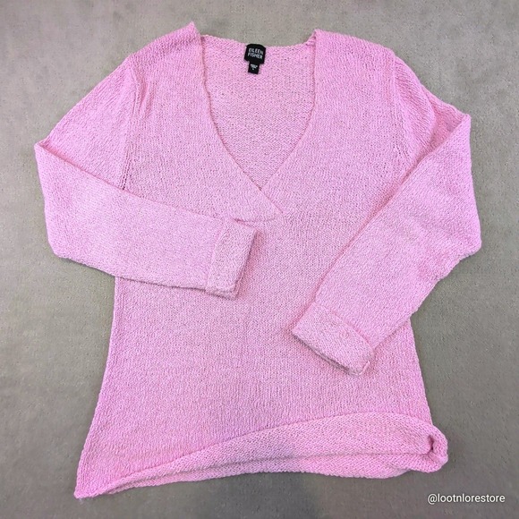 Eileen Fisher Pink Large V-Neck Knit Sweater Cotton Nylon Chunky Long Sleeve — photo 2